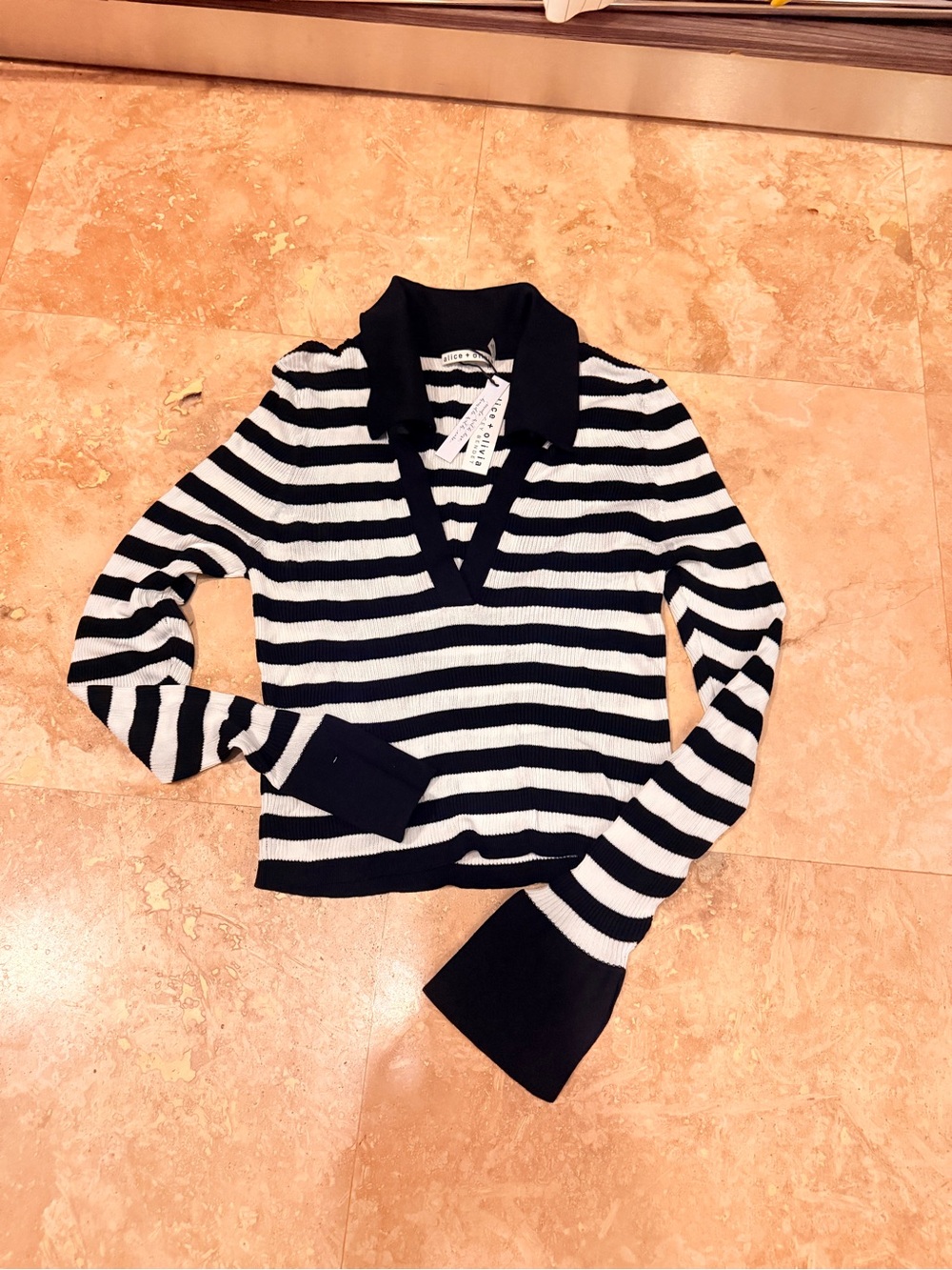 Alice + Olivia Black and White Striped V-Neck Collared Sweater